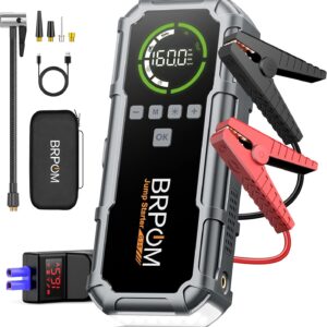 Jump Starter with Air Compressor, BRPOM 8000A Portable Car Jump Starter (All Petrol/12L Diesel), 160PSI 12V Battery Jump Starter Power Pack with Jump Clamps, LCD Screen, 600 Lumens Emergency Light